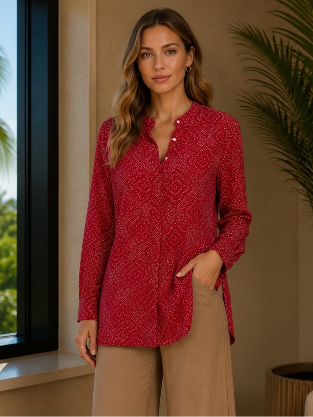 Lauren‎ Ralph Lauren Red Beige Print Blouse Tunic Long Sleeve size XS